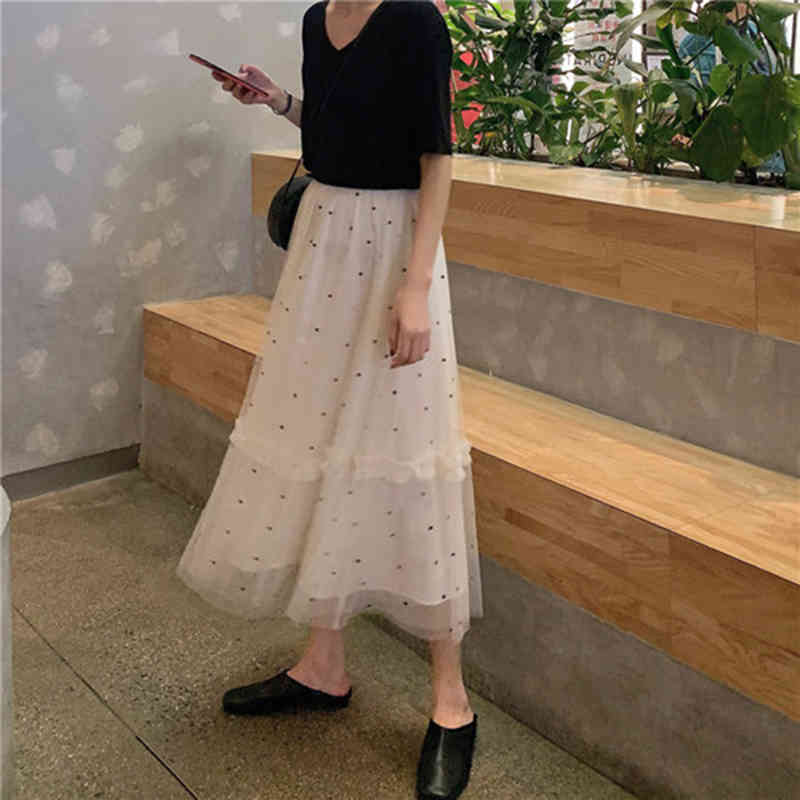 Arrival Summer Korea Fashion Women High Waist Slim Long Skirt Dot Mesh Sweet A-line s Female White S301 210512