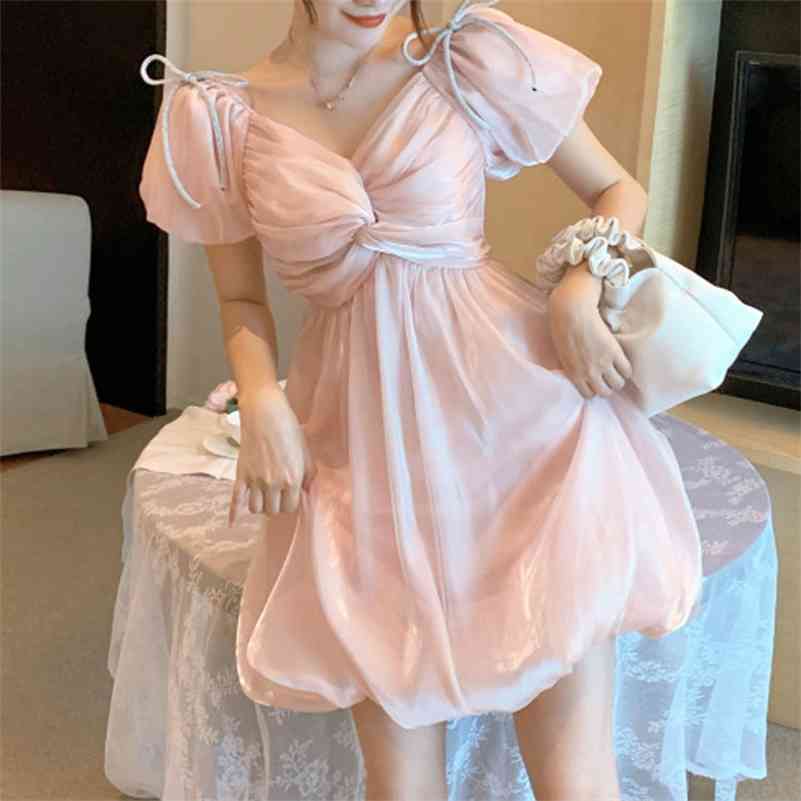 Elegant Vintage Dress Women V-neck Chiffon Slim Mini Dress Parety Evening Dress for Females Korean Style Summer Office Lady 210521