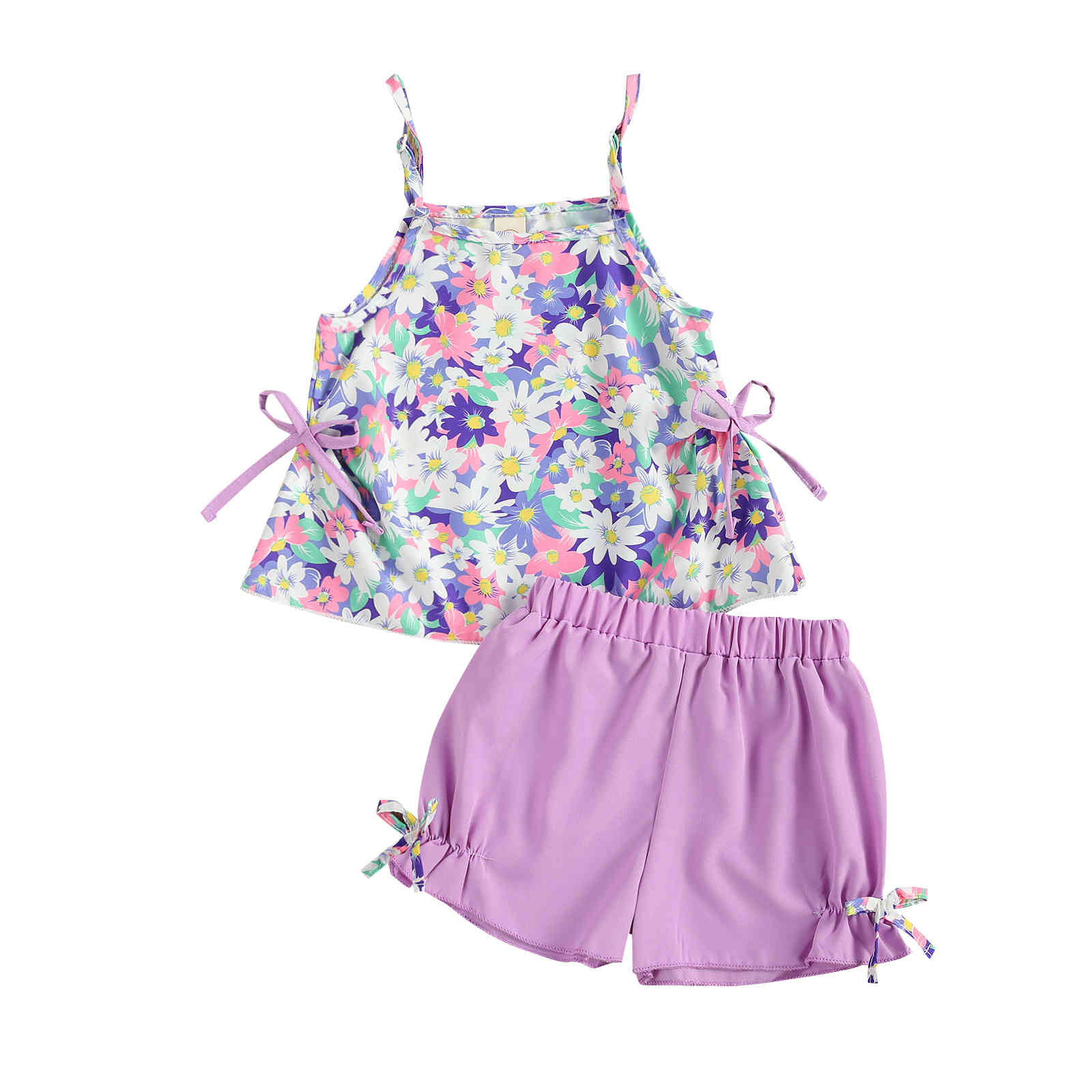 1-5Y Summer Flower Toddler Kid Child Girls Clothes Set Beach Holiday Travel Costumes Floral Vest Bow Pants Outfits 210515
