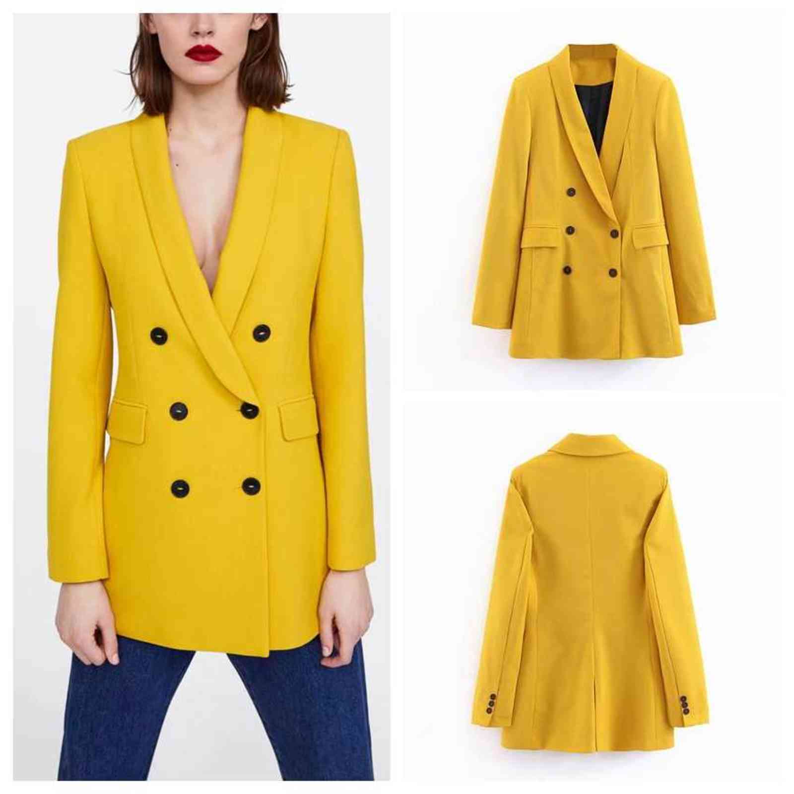 Women Elegant Yellow Blazers and Jackets Pockets Double Breasted Outerwear Office Lady Work Wear Chic Tops Suits Coat 211122