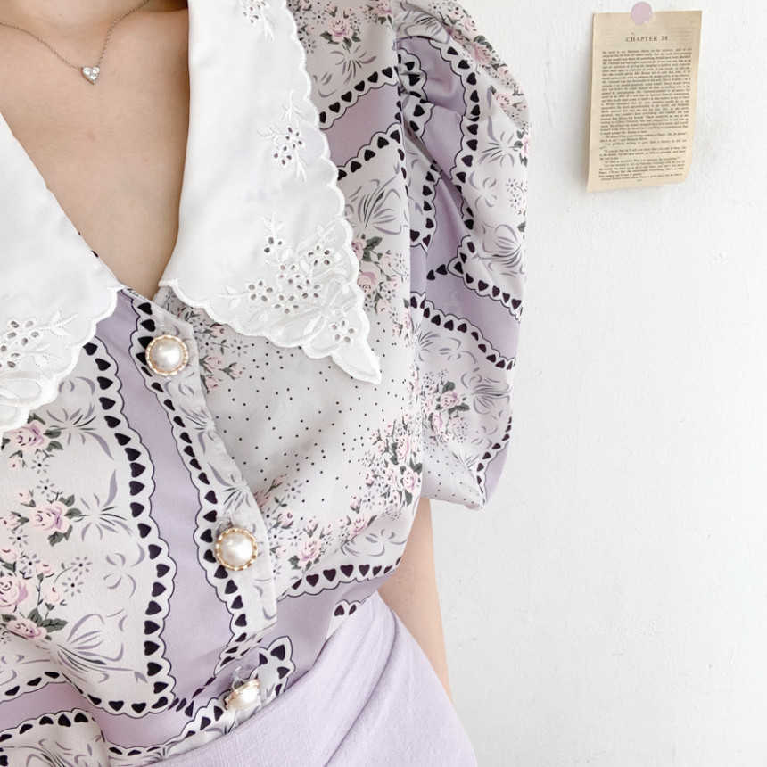 Korejpaa Women Shirt Summer Korean Western Style Vintage Lapel Embroidery Chic Button Puff Sleeve Chiffon Print Blouses 210526