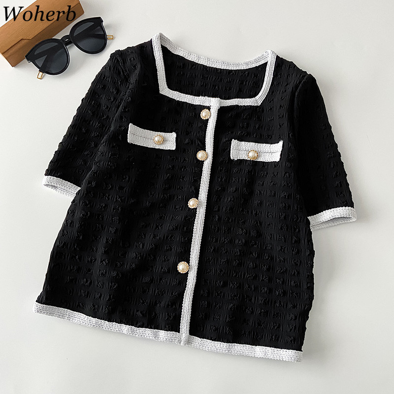 Short Sleeve Blouses Women Elegant Single Breasted Slim Shirts Korean Square Collar Blusas Vintage Temperament White Tops 210519