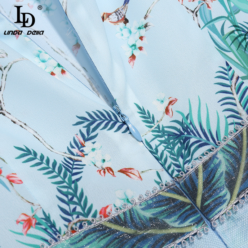 Fashion Runway Summer Dress Women's Stand collar Bow Mesh Embroidery Print Lady Elegant Midi Vestidos 210522