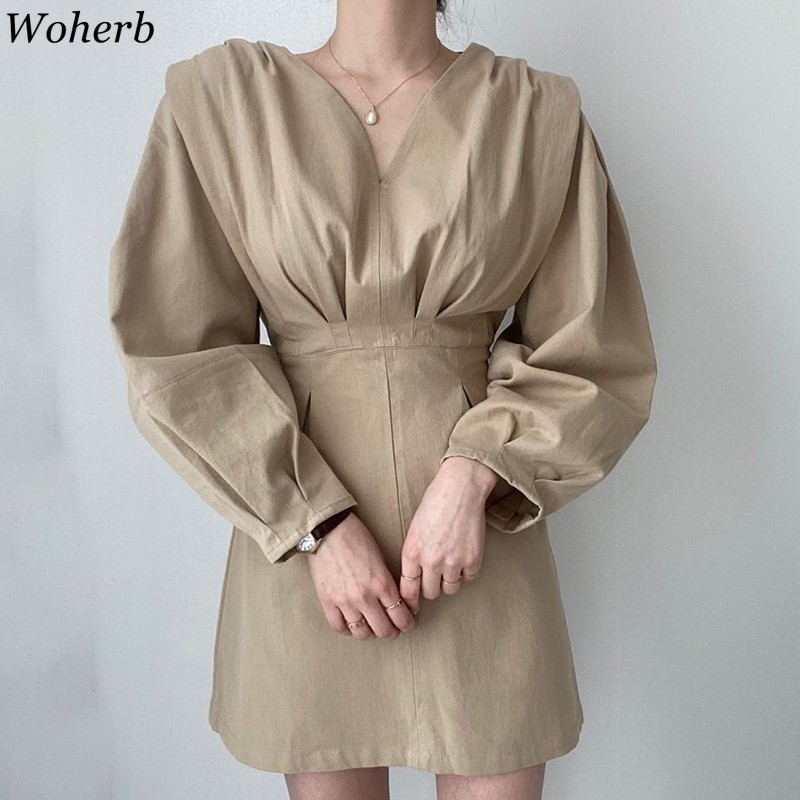 Chic Dress for Women Korean Clothing Robe V-neck Lantern Sleeve Mini Dresses Slim Waist Elegant Vestidos Mujer 210519