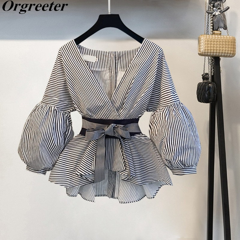 S-3XL Elegant OL Casual Blouse Women Autumn New Lantern Sleeve Sashes Bow V-neck Striped/White Shirt blusas mujer de moda 210317