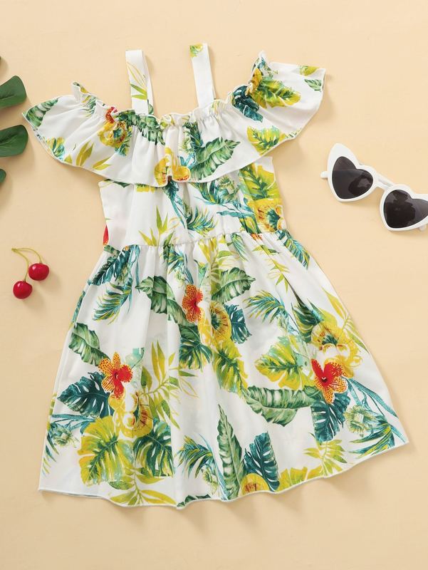 Toddler Girls Tropical Print Cold Shoulder Ruffle Trim Dress SHE
