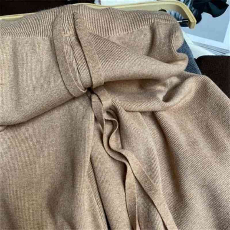 Nomikuma Knitted Women Wide Leg Pants Autumn Winter Korean Causal Solid Long Trousers Lace Up Stretch High Waist Pants 6C194 210427