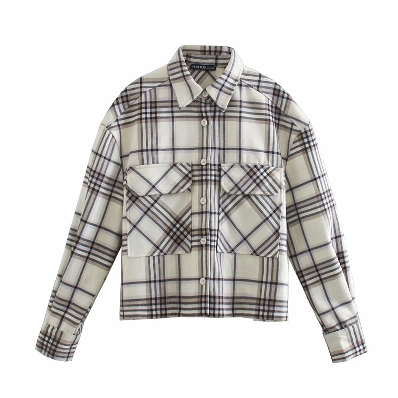 Elegant Women Plaid Tweed Shirts Fashion Ladies Loose Pocket Tops Streetwear Female Chic Turn Down Collar Shirt 210430