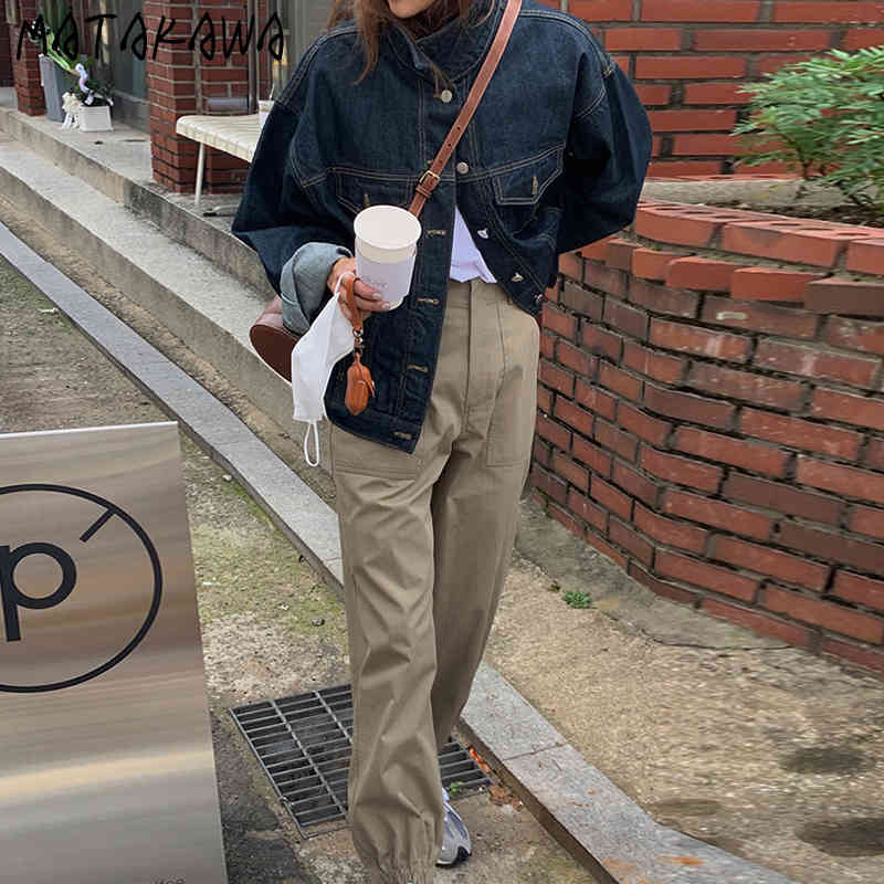 MATAKAWA Elastic Overalls Casual Pants Women Korea Chic Autumn Cargo Pants Simple High Waist Straight Pocket Trousers 210513