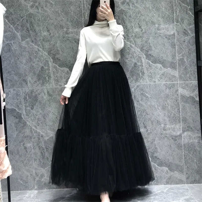 Vintage Wine Red Tulle Pleated Skirts Women High Waist Long Ruffled Mesh Skirt Spring Harajuku Black Elastic Puffy Tulle Skirts 210619wtt