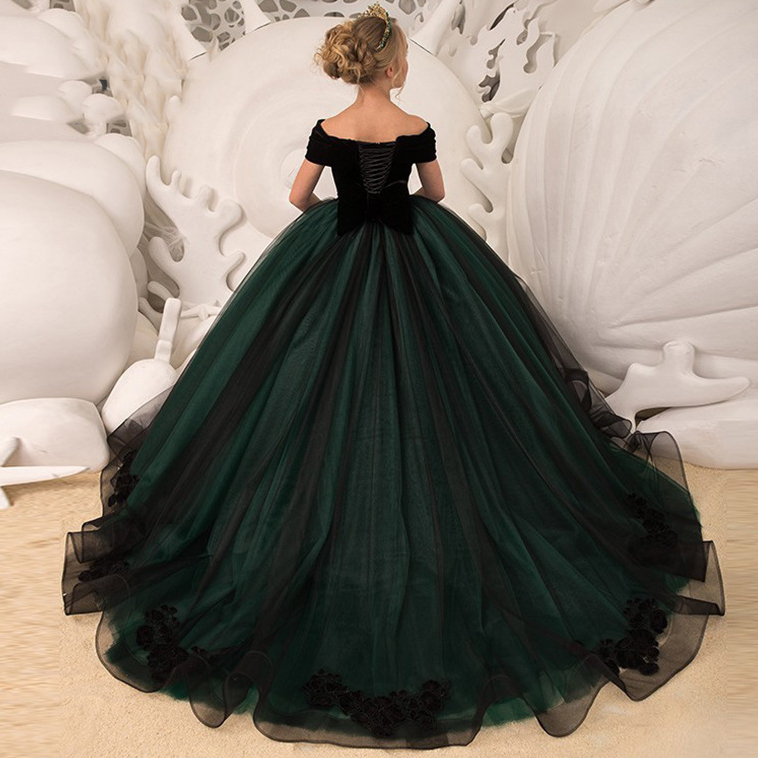 Lovely Blush green Long Flower Girl Dresses for Wedding Sparkly Sequin Crystals Ruffles Tulle Bow 2021Custom Made Girls Pageant Dress