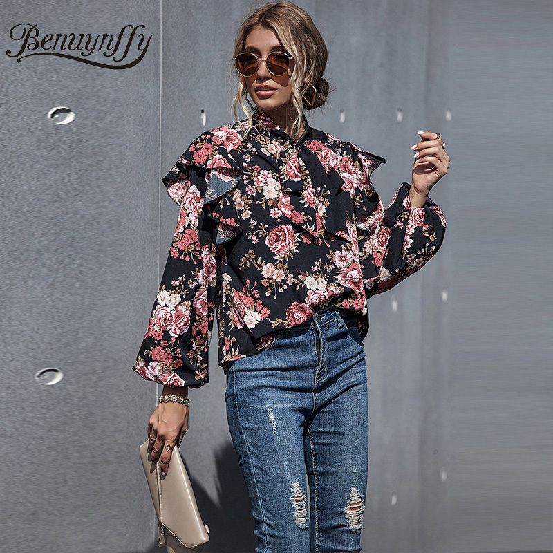 Floral Print Bow Tie Neck Ruffle Top Blouse Women Autumn Long Lantern Sleeve Office Ladies Workwear Elegant Blouses 210510