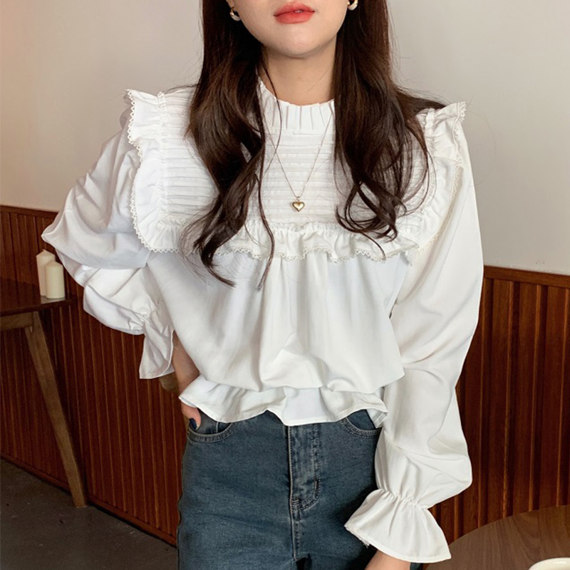 Nomikuma Causal Slim Waist Flare Sleeve Blouse Women Korean Stand Neck Shirt Spring New Pullover Blusas Mujer De Moda 6D864 210427