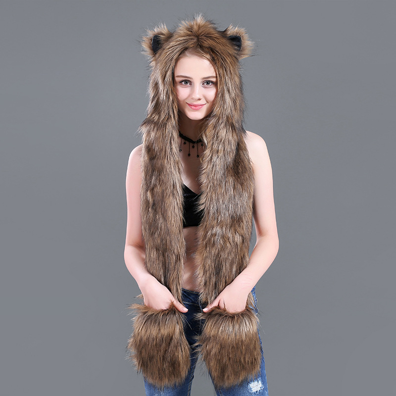 Winter European and American imitation fur hats plush animal pattern hats cute cartoon hats scarf gloves a piece, Blue;gray
Winter European and American imitation fur hats plush animal pattern hats cute cartoon hats scarf gloves a piece, Blue;gray