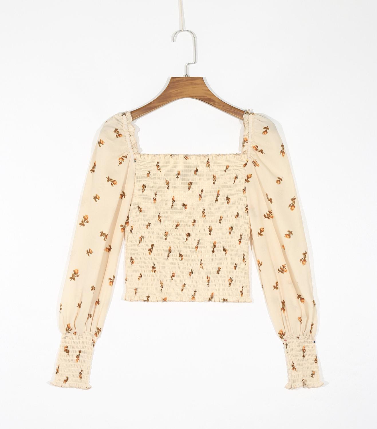 Vintage Floral Print Chiffon Crop Shirt Women Sexy Square Neck Elastic Ruched Body Slim Fit Blouse French Summer Elegant Tops 210429