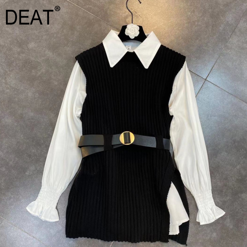 Spring Arrivals Long Sleeve Turn Down Collar Shirt Knitted Vest Two Piece Set With Belt Women ML312 210525, Brown
Spring Arrivals Long Sleeve Turn Down Collar Shirt Knitted Vest Two Piece Set With Belt Women ML312 210525, Brown