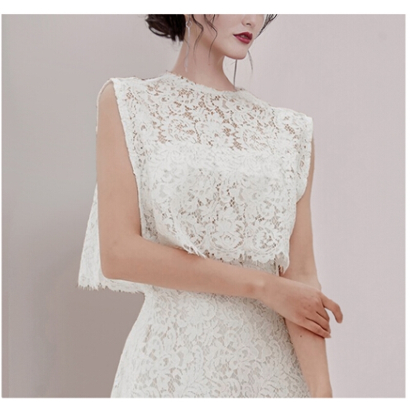 White Lace Hollow Out Two Piece Set For Women Sleeveless Shirts High Waist Long Skirts Female Suit 210520