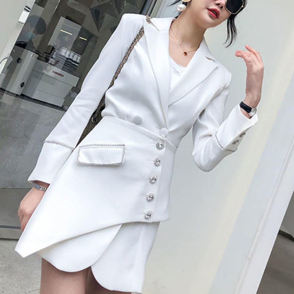 Free Autumn Women Dress Pink Sexy Lapel Double-breasted Diamond Slim Fit Suit & Girdle Club Party 210524