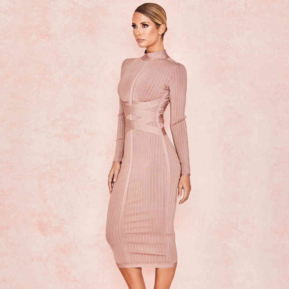 Free shippin Arrival Women Midi Bandage Dress Red Sexy High Neck Long Sleeve Bodycon Rayon Party es 210524
