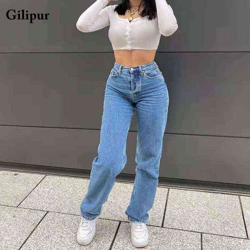 Jeans Women Fashion Mom Straight Leg Pants Washed Blue Casual Long Denim Trousers High Waist Streetwear 211129