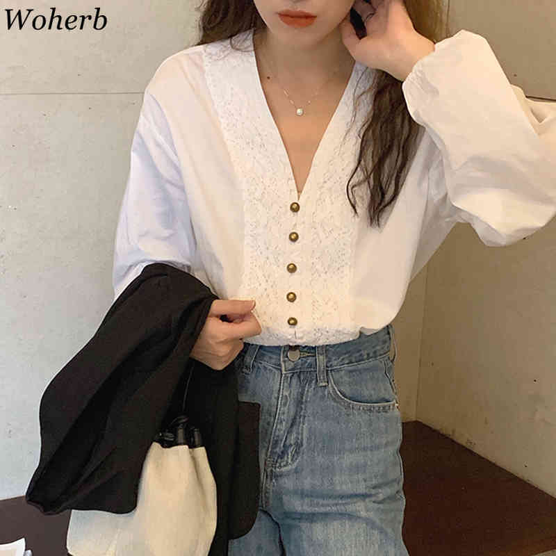 Single Breasted Blouses Puff Sleeve White Sweet Blusas Mujer De Moda Korean Lace Patchwork Loose Shirt Tops Women 210519