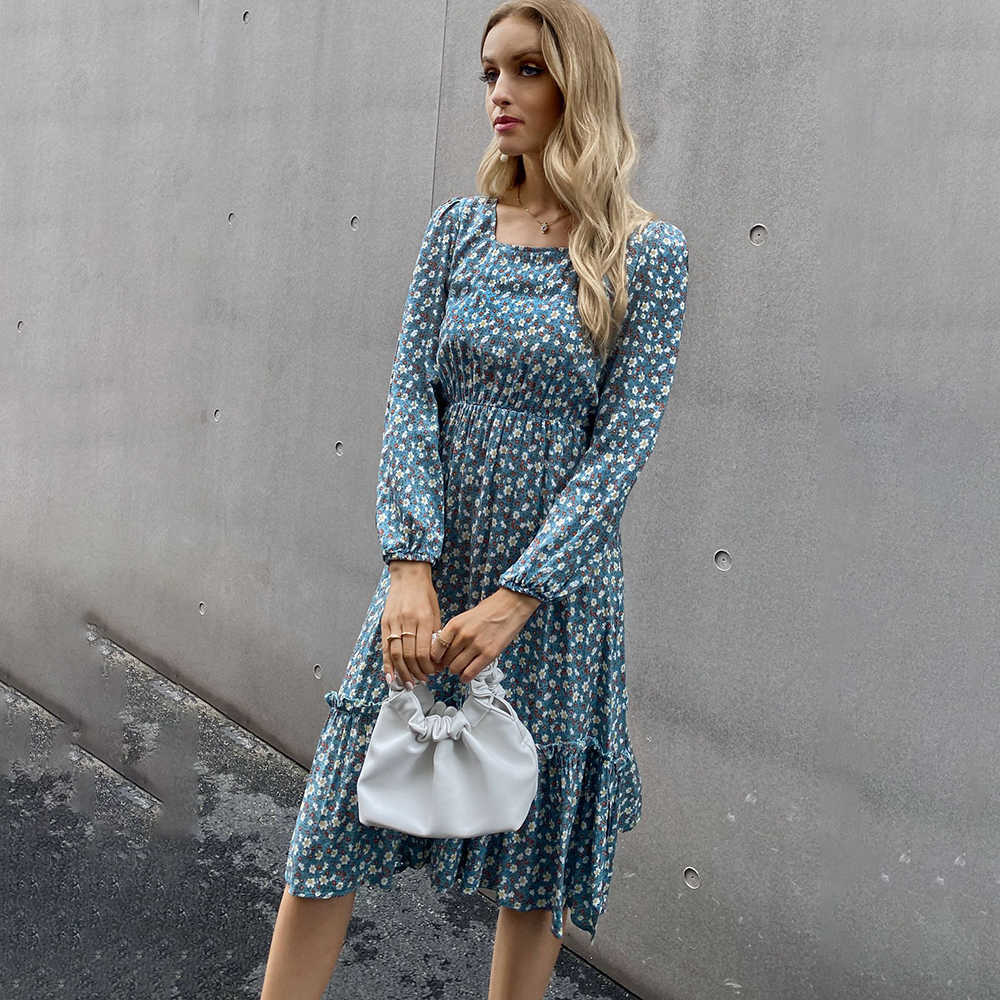 Spring Long Sleeve Floral Midi Woman Dress Summer Fashion Square Collar Ruffles Black Dresses For Women Casual Vestidos 210630