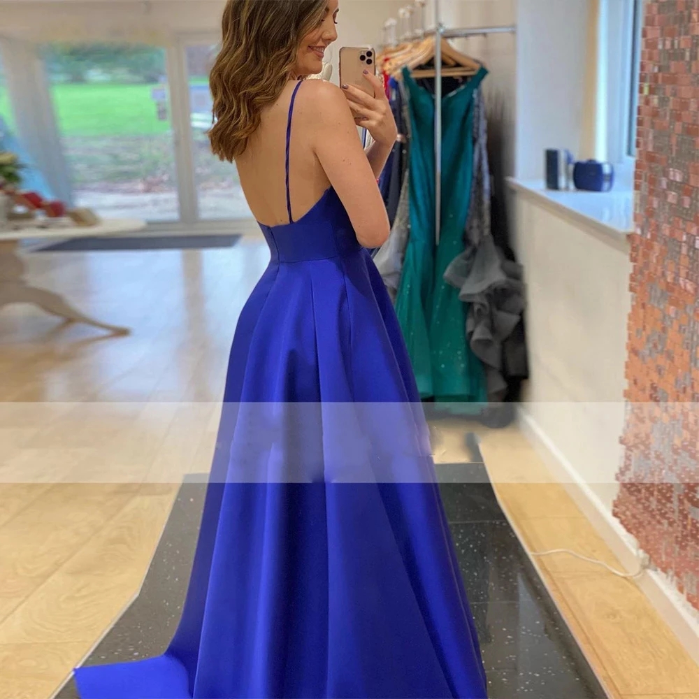 Simple Royal Blue Satin Prom Dresses With Pockets 2022 A Line V-Neck Spaghetti Strap Formal Evening Party Gowns Open Back Women Special Occasion Dress