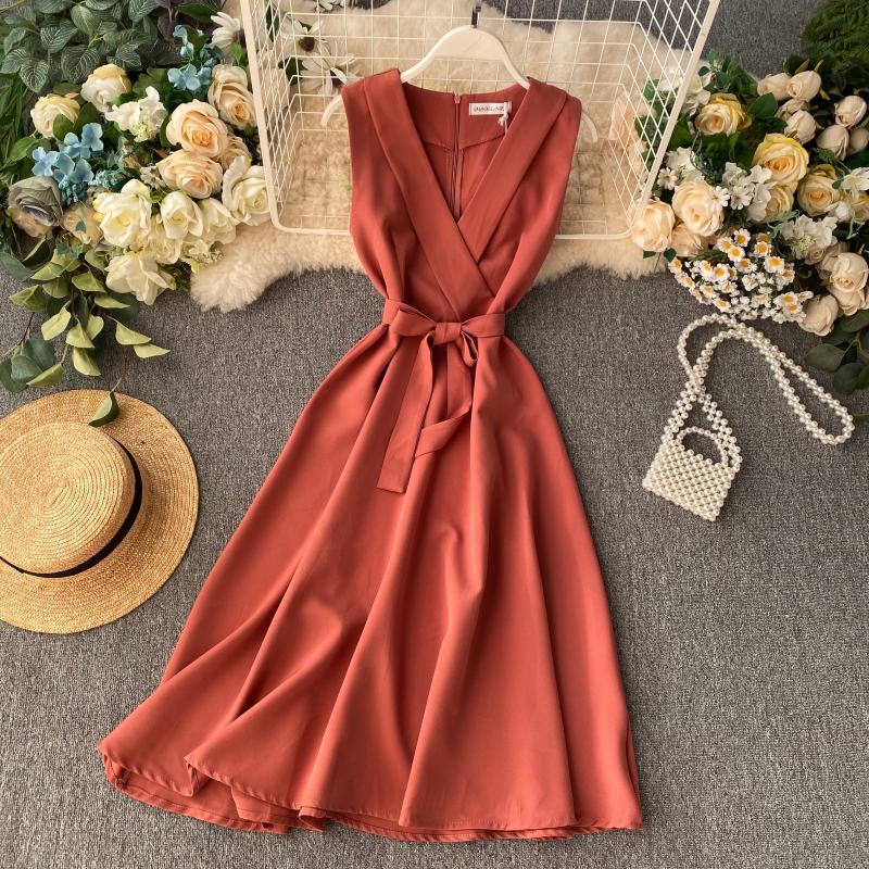 Work Fashion Solid Sleeveless Dress Women V Neck Sashes OL Vestidos Spring Summer Dresses Bow 210521