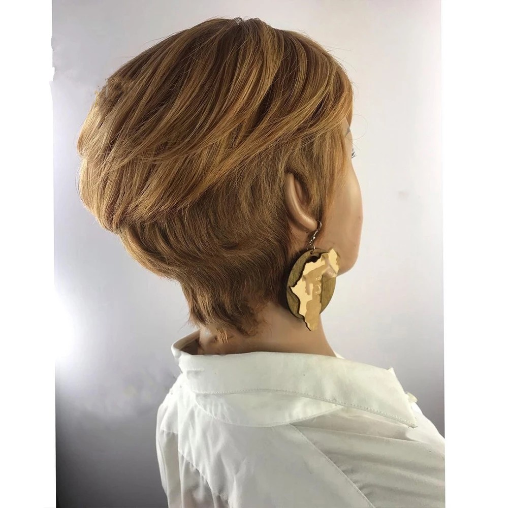 Honey Blonde Color Short Wavy Bob Pixie Cut Wig Full Machine Made Non Lace Human Hair Wigs For Black Woman Remy Brazilian Hairs