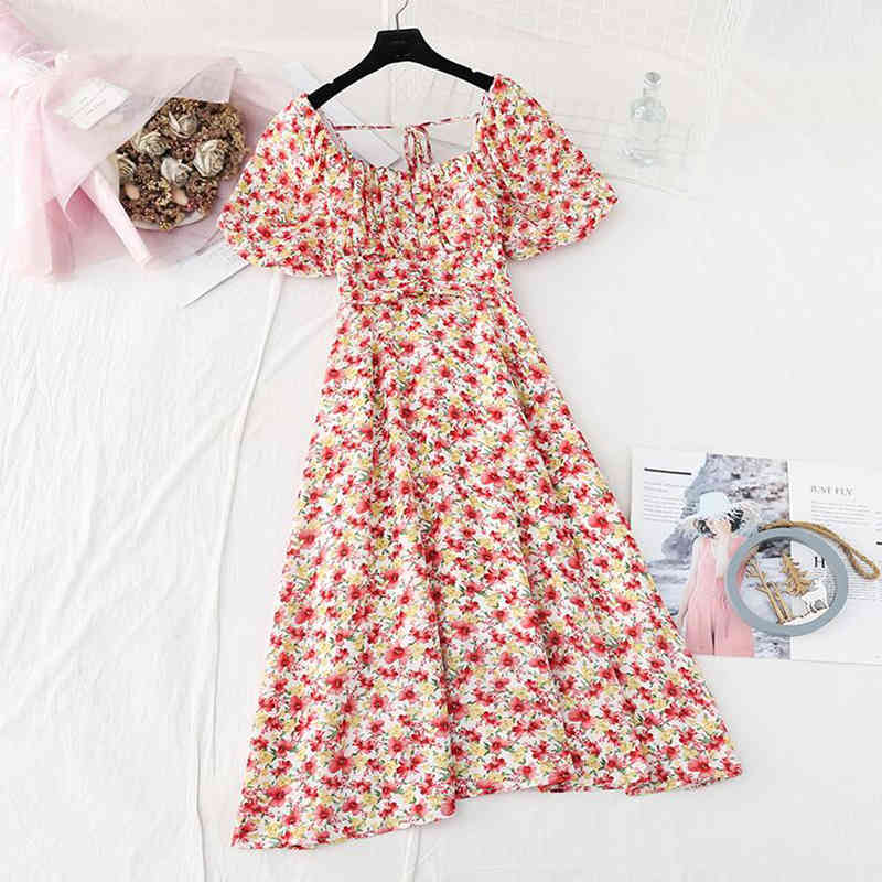 Purple Print Floral Dress Women Puff Sleeves Square Neck Party Chiffon Midi Dress Summer Casual Beach Bandage Dresses 210521