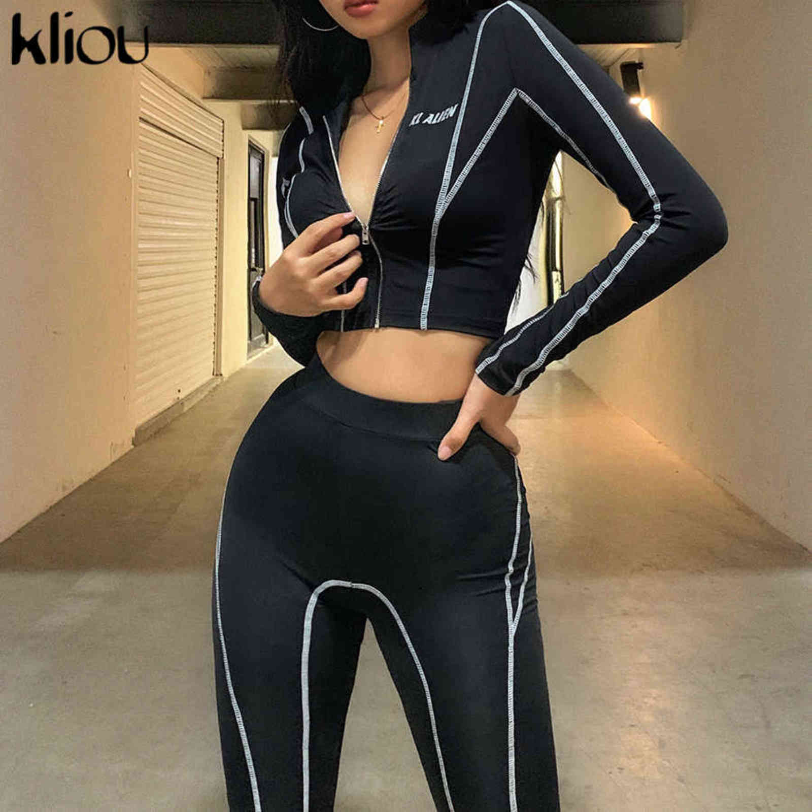 kliou women 2 pieces set fitness tracksuit long sleeve zipper crop top+leggings fashion reflective letters sportswear outfits 211105