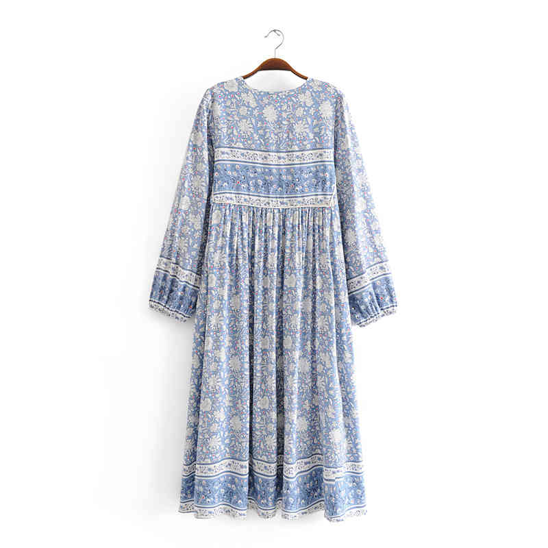 beauty Boho Blue White Floral Print Maxi Dress Women Beach Style Long Sleeve Fashion Lady's Dresses 210514