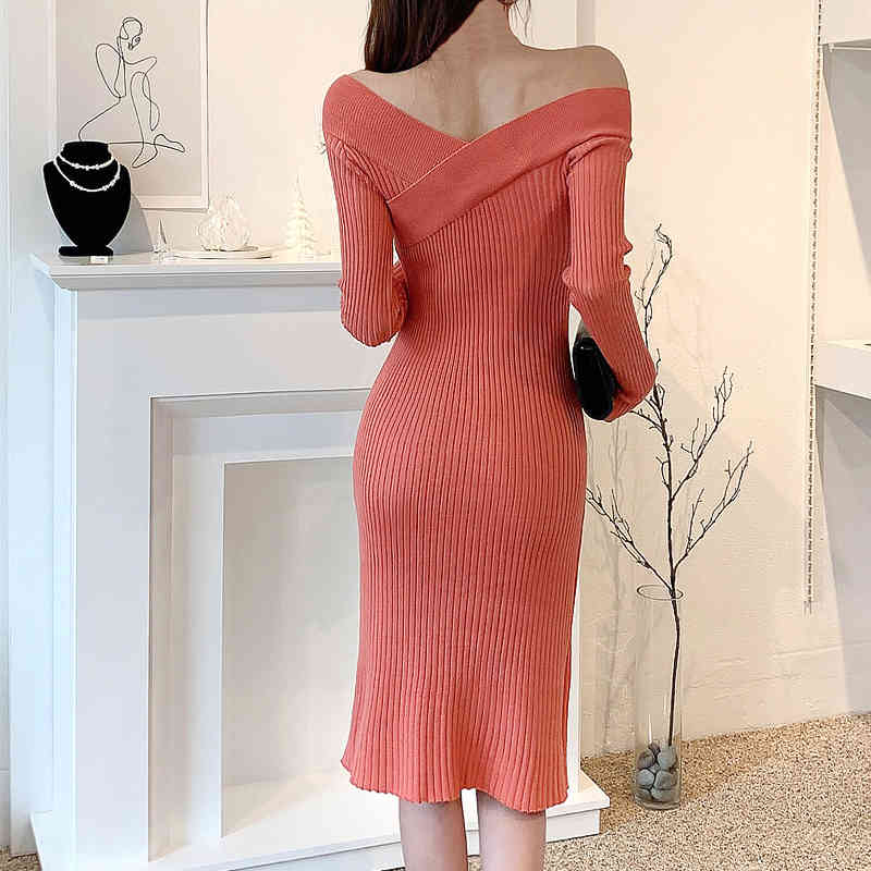 Women's Knitted Sweater Dresses Winter Sexy Off Shoulder Casual Long Sleeve Fashion Vintage Elegant For Female Vestidos 210520