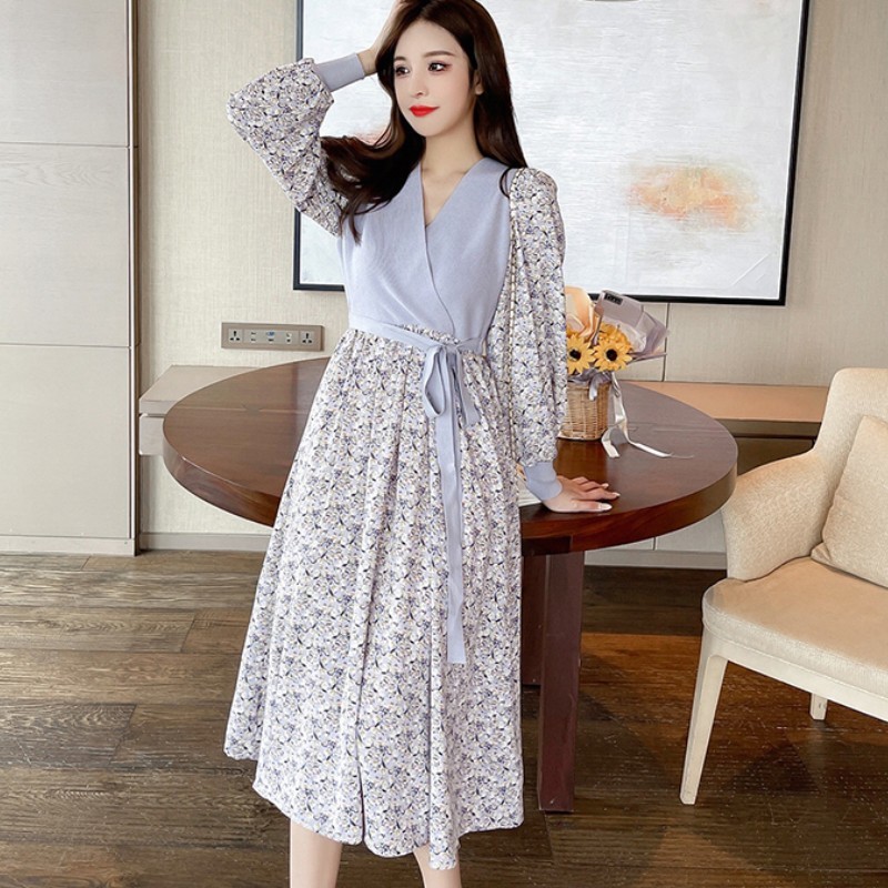 Elegant Retro Knitted Patchwork Flowers Chiffon Midi Dress Spring Fashion V-Neck Long Sleeve High Waist Slim Female Vestido 210519