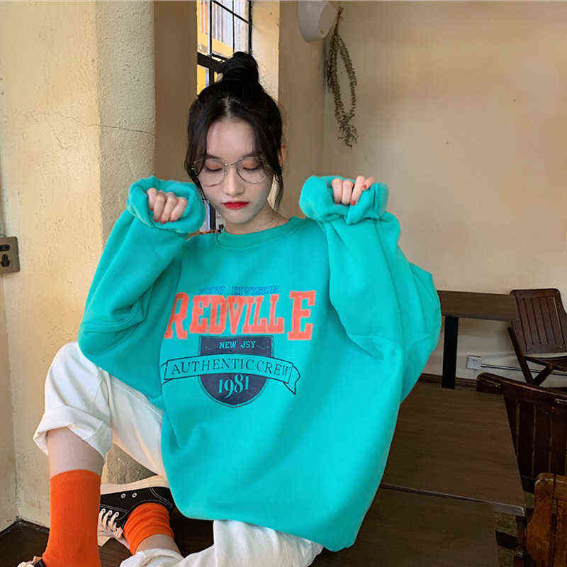 Women Letter Embroidery Crewneck Sweatshirt Girls Autumn Winter Oversized Streetwear Korean Style Casual Student Pullover 211108