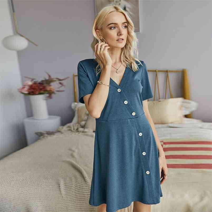 Women's Summer Knitted Solid Color Dress Casual High Waist V Neck Short Sleeve Mini Female Vestidos De Mujer 210517, Denim blue
Women's Summer Knitted Solid Color Dress Casual High Waist V Neck Short Sleeve Mini Female Vestidos De Mujer 210517, Denim blue