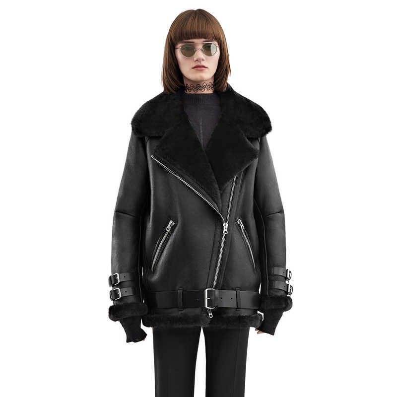 Women's Genuine Leather Natural Sheep Shearling Fur Coat Winter 100% Sheepskin Coat Female Bomber warm fur leather Jackets F664 211011