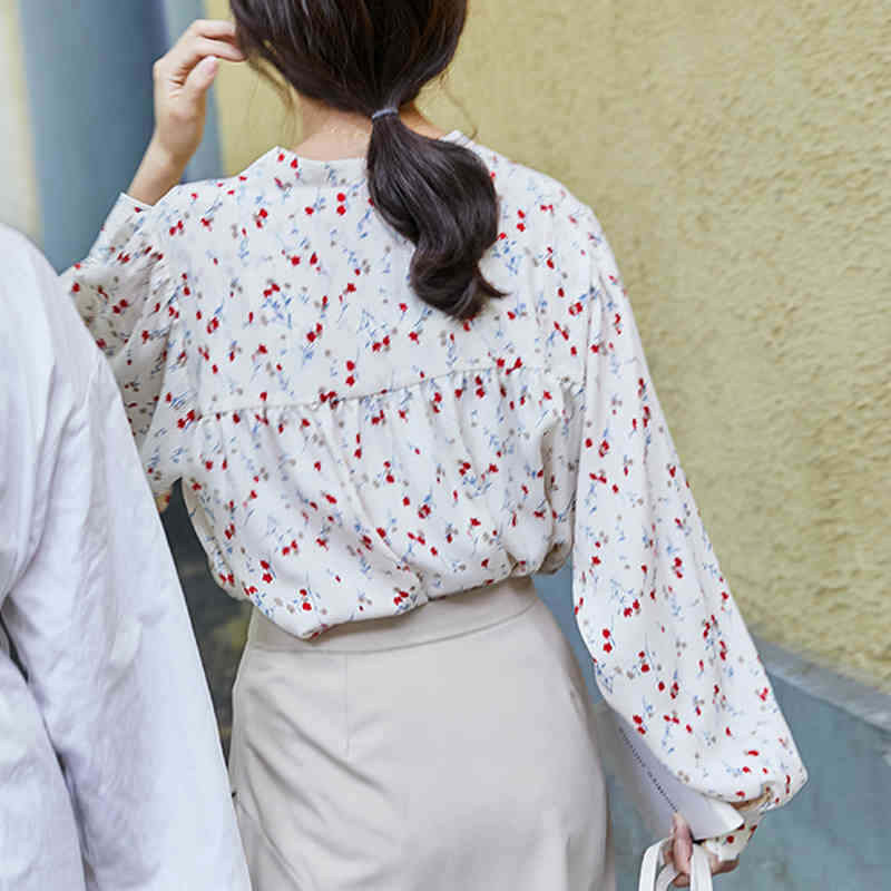 Cardigan Ladies Tops Autumn Floral Puff Sleeve Chiffon Shirts Women Office Loose Long Blouse blusas 10203 210506