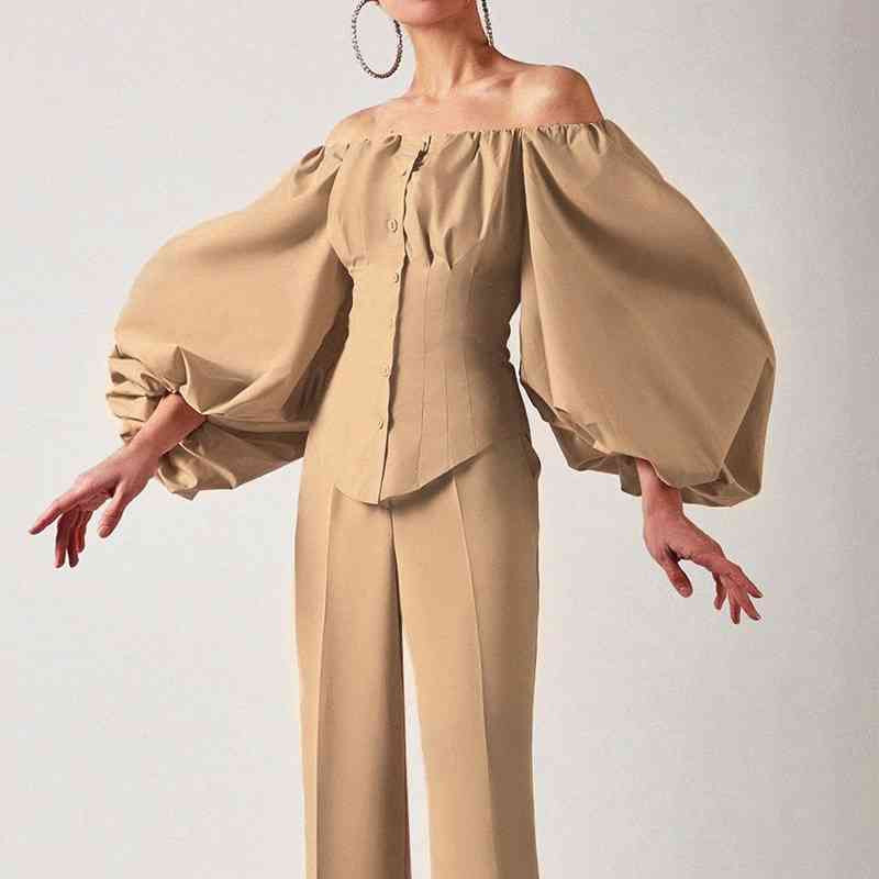 Women Cotton Blouse Fashion Off Shoulder Shirt Plus Size Loose Tops Lantern Sleeve Solid Blouses and Shirts Casual Blusas 13140 210506