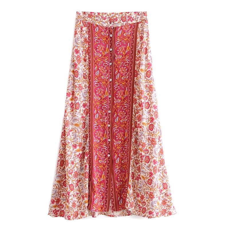 Bohemia Open Button V neck Floral Print Pullover Shirt Women Buttons High Waist Maxi Long Skirt green Holiday 2 Pieces Set 210429