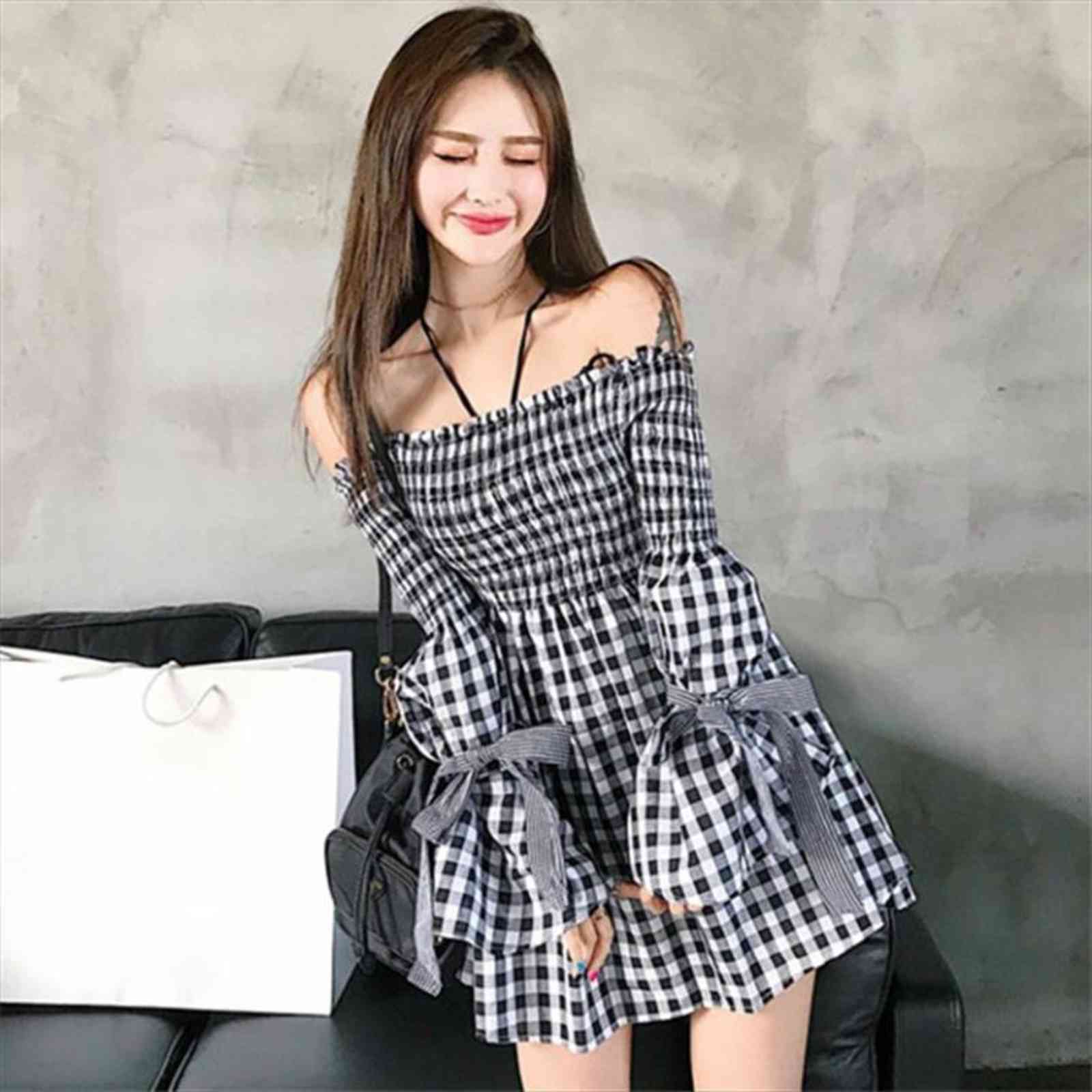 spring style retro sweet womens dresses off shoulder flared sleeves straps plaid elastic waist slim dress women, Black;gray
spring style retro sweet womens dresses off shoulder flared sleeves straps plaid elastic waist slim dress women, Black;gray