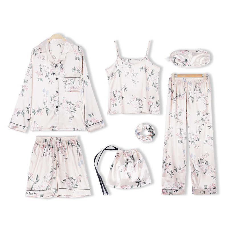 Spring Pajamas Suit Women Satin Home Wear Print Flower Sleep Set With Pocket Intimate Lingerie Navy Blue Pyjamas Q0706