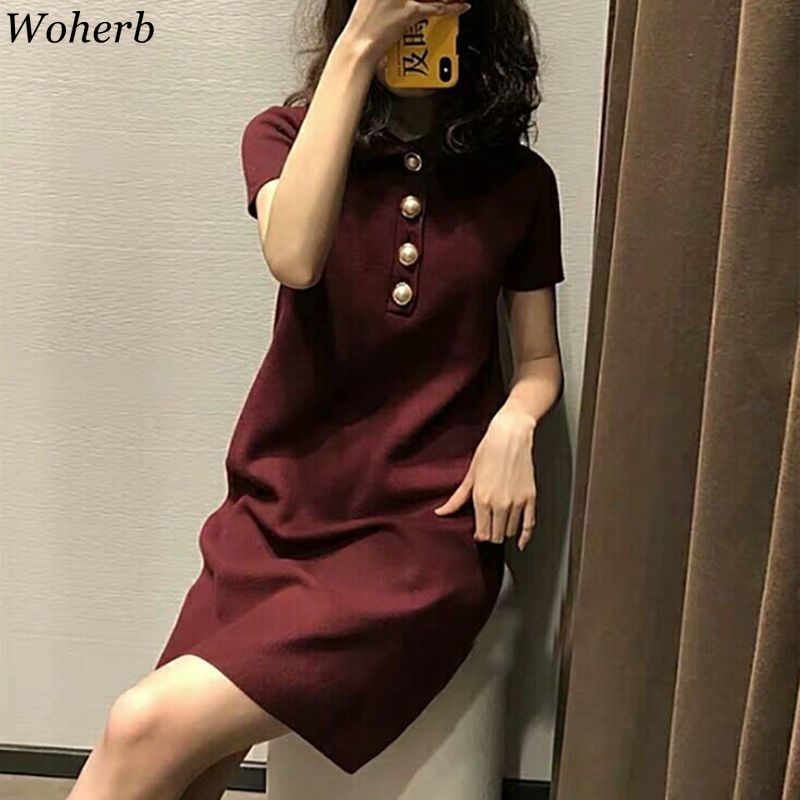 Knitted Single-breasted Shirt Vestidos Short Sleeve Summer Stretch Sexy Woman Dresses Office Lady Vintage Femme Robe 210519