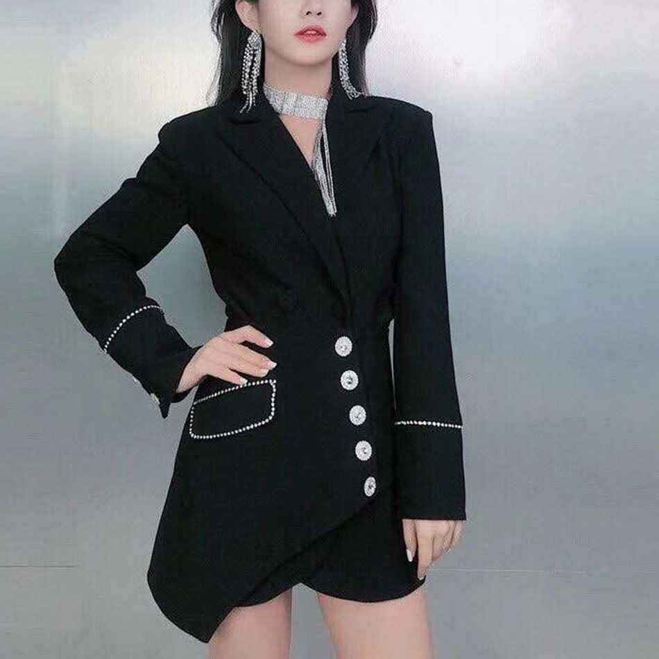 Free Autumn Women Dress Pink Sexy Lapel Double-breasted Diamond Slim Fit Suit & Girdle Club Party 210524