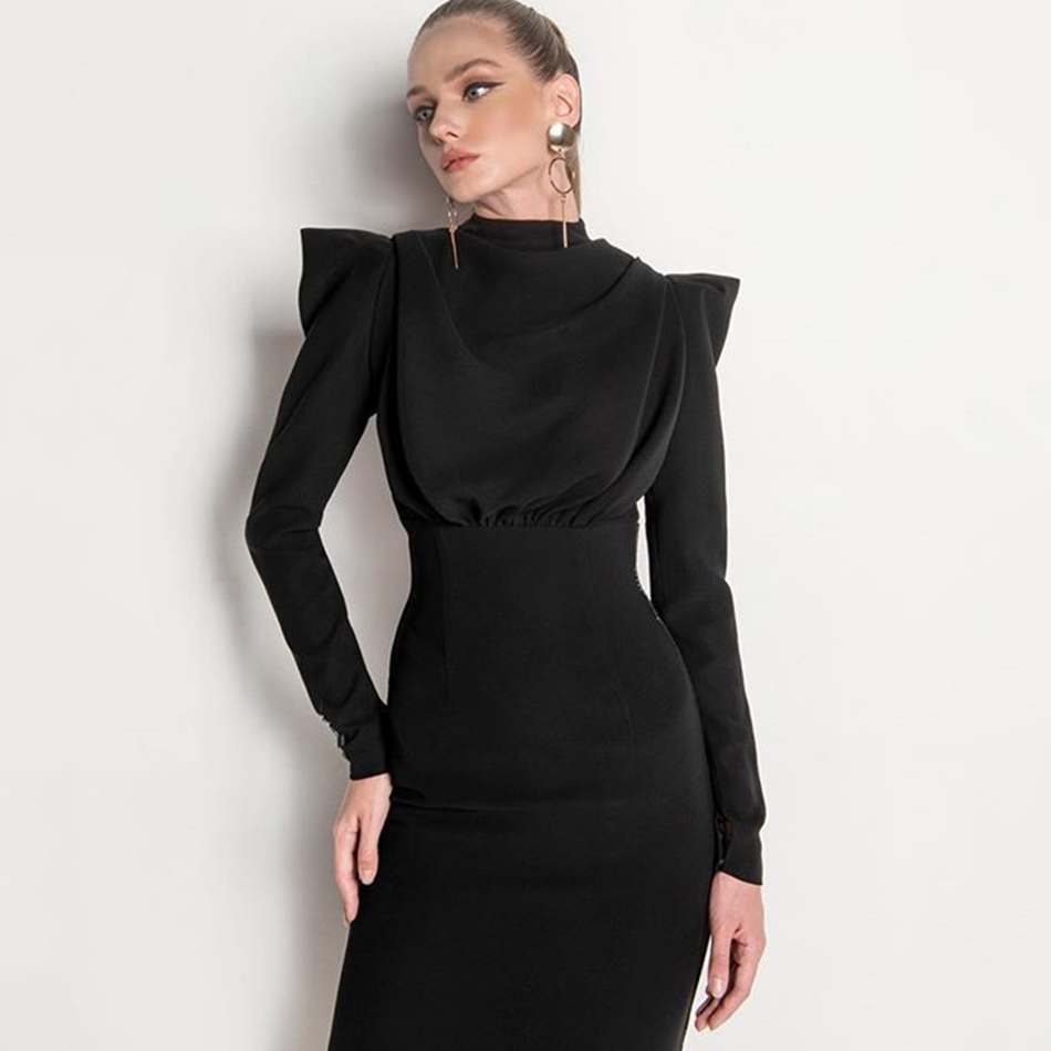 Free Chic Midi Dress Women Black Sexy O-neck Long Sleeve Draped Bow Bodycon Halter Club Party Vestidos 210524