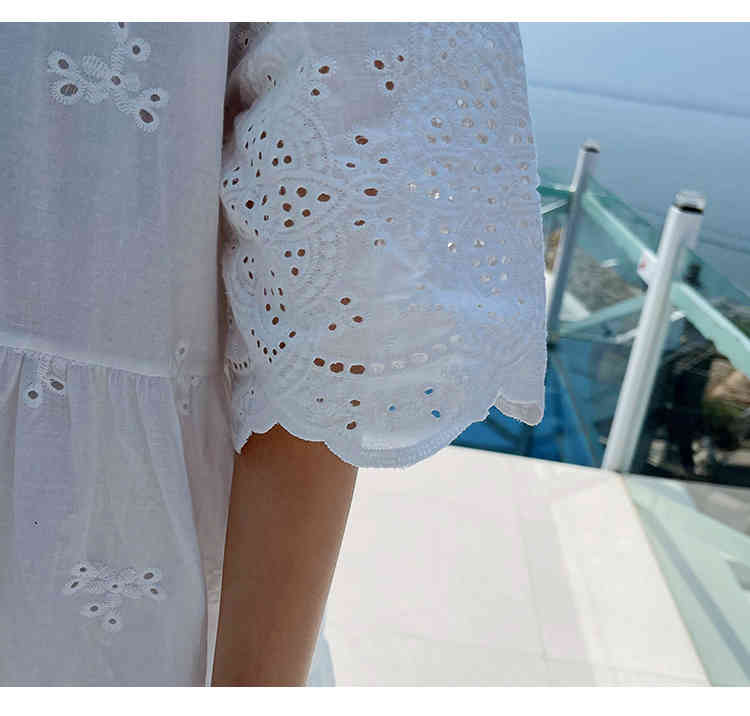 Retro Fashion Elegant White Cotton Hollow Embroidery Party Dress Women Summer Short Sleeve Casual Loose Dresses Female Vestidos 210519
