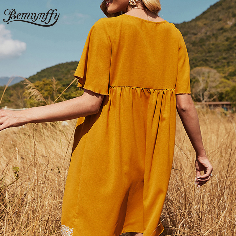 Round Neck Solid Lace Patchwork Loose Dresses Summer Short Sleeve Korean Casual Women Clothing Fashion Mini Dress 210510