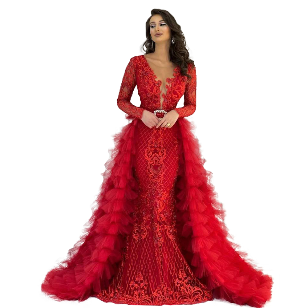 red mermaid dubai evening dresses with removable train long sleeve appliques prom dress formal party gowns robe de marie