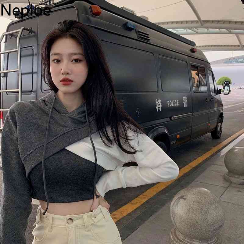 Neploe Harajuku Sweatshirt Women Korean Streetwear Hoodies Ladies Cross Crop Tops Contrast Color Patchwork Hooded Hoodie 210422