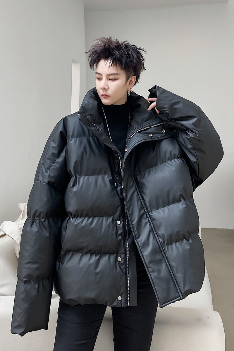 IEFB Winter PU leather back folded cotton padded jackets for men loose stand collar oversized clothes black coat 9Y4434 210524
